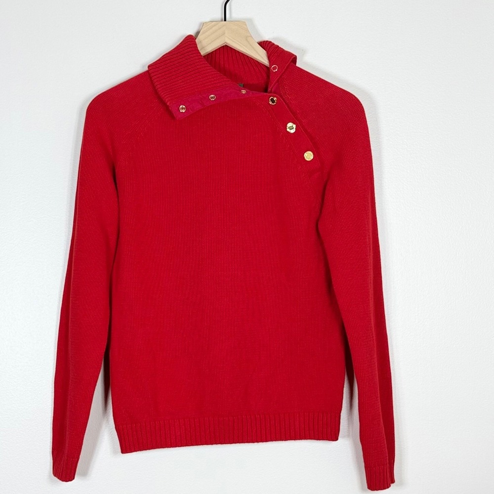 Lauren Ralph Lauren Womens Funnel Neck Sweater M Red Gold Vintage Cotton Holiday